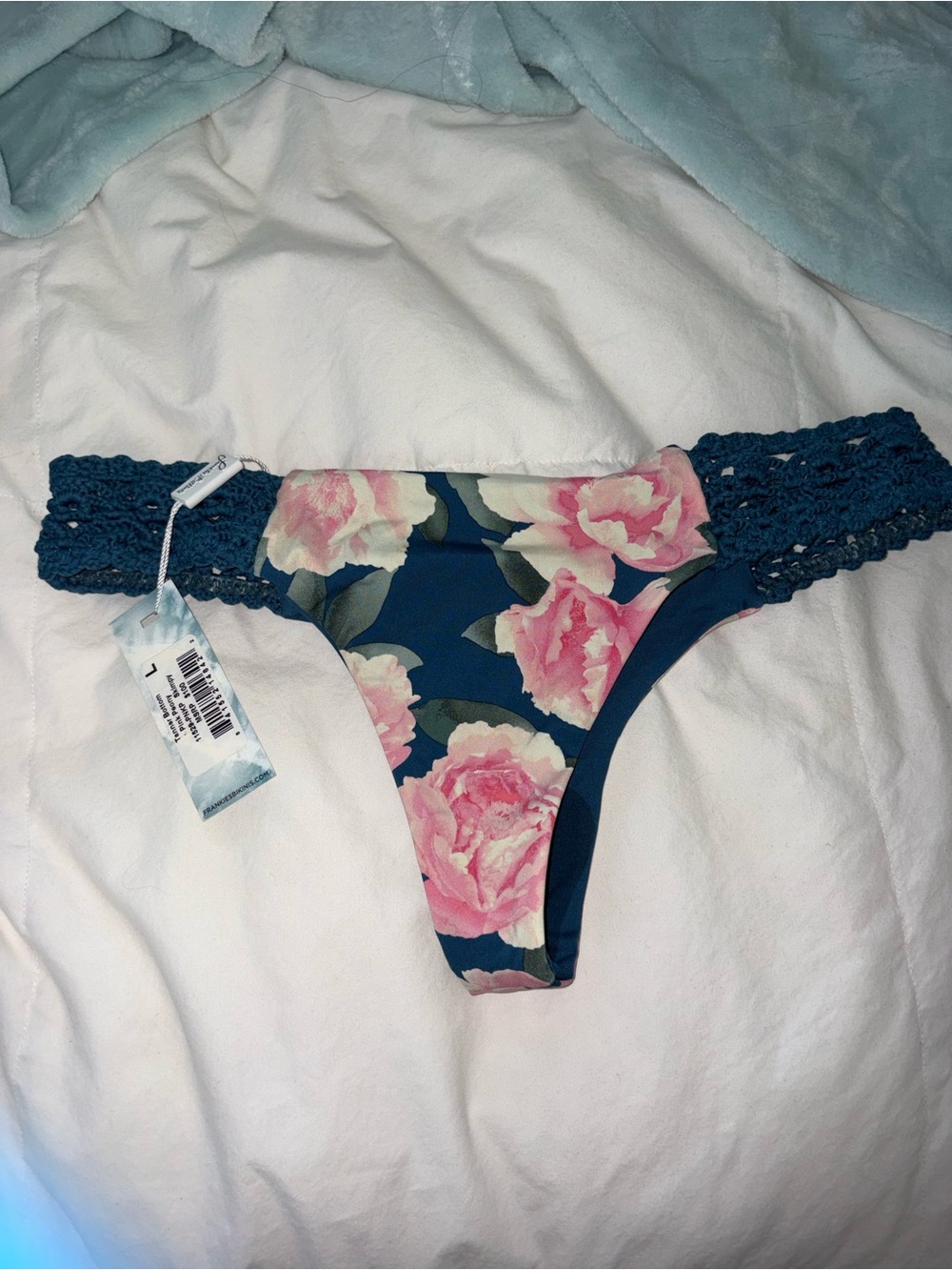 Frankie's Bikinis Navy Floral Crochet-Trim Bikini Bottom with Pink Roses